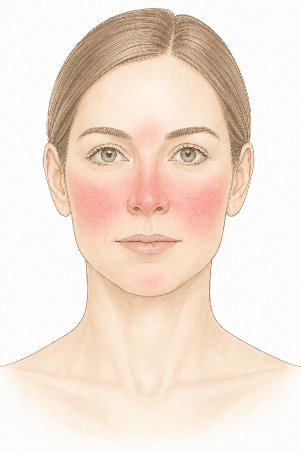 Schematische Darstellung einer stark ausgeprägten Rosazea mit deutlicher Rötung an Wangen und Nase sowie leichter Beteiligung von Glabella und Kinn